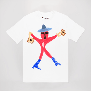 T-shirt 'Flower Cowboy - White' de la marque Encré, affichant un design coloré d'un personnage en mouvement avec un fond clair.