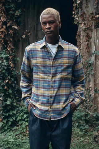 LATER... - Surchemise Casual Flanelle - Tartan Bleu, Jaune et Brun
