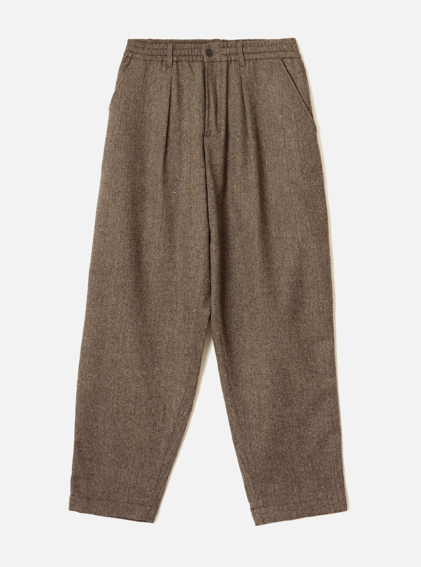Wool Herringbone Pleated Track Pant - Brown