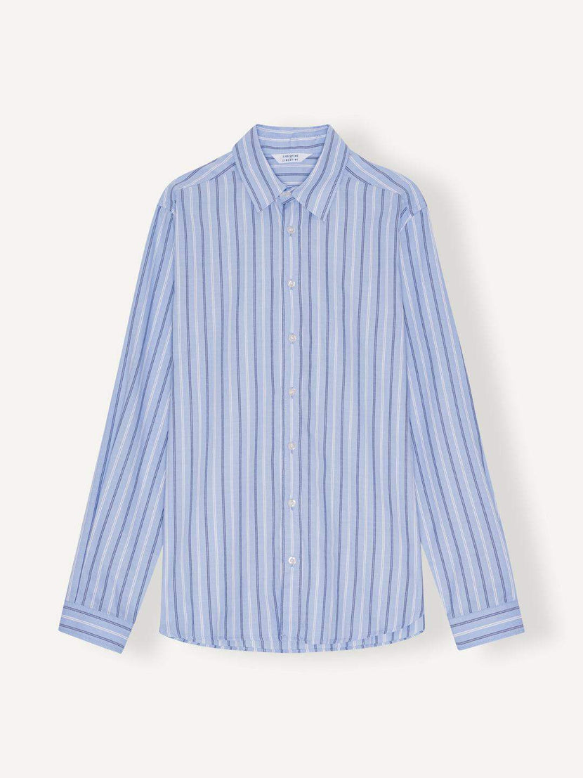 Chemise à rayures bleues de Libertine-Libertine - Babylon Oxford, nouvelle collection SS25. Vue de face, mise en avant des détails et du tissu.