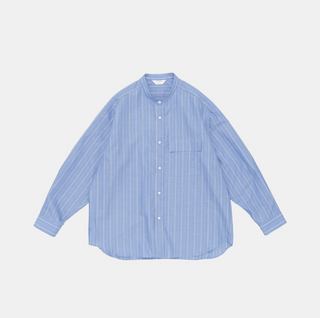 Still by hand - Cotton/ramie band collar shirt - blue stripe