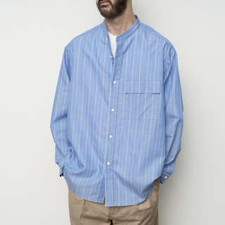 Still by hand - Cotton/ramie band collar shirt - blue stripe