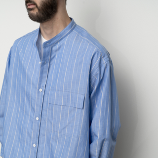 Still by hand - Cotton/ramie band collar shirt - blue stripe