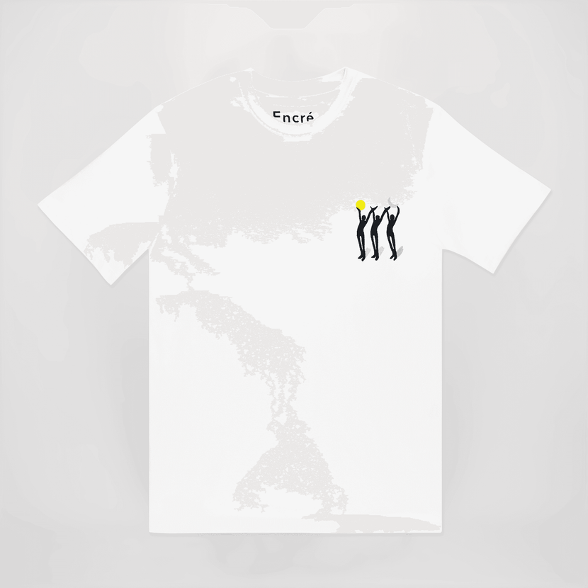 T-shirt brodé 'Le jour et la nuit' en blanc de la marque Encré, mettant en avant une broderie colorée sur le devant, parfait pour un style décontracté.