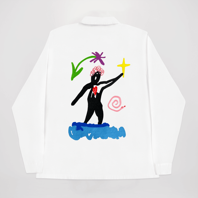 Veste de travail blanche brodée "Le surfeur" par Encré, vue de dos avec un design coloré représentant un surfeur stylisé sur la mer.