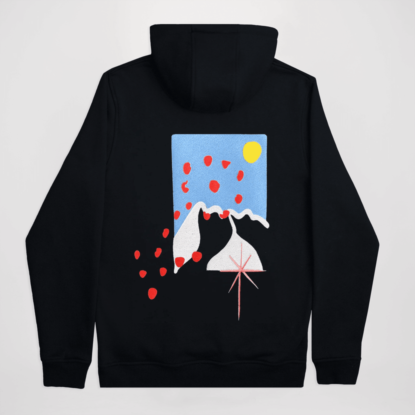 Sweat à capuche noir avec un joli design montagneux et un soleil, signé Encré, modèle Mountain View - Black.