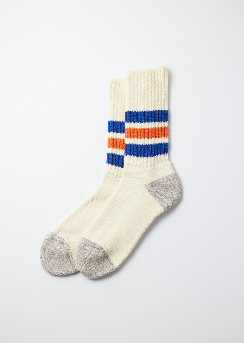 Rototo - R1255 Coarse Ribbed OldSchool Crew Socks - Blue/Orange