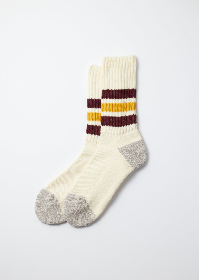 Rototo - R1255 Coarse Ribbed OldSchool Crew Socks - Bordeaux/Yellow