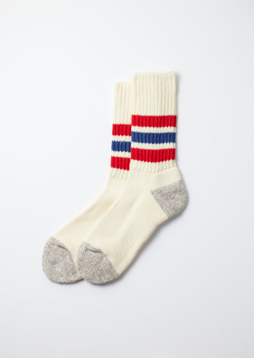 Rototo - R1255 Coarse Ribbed OldSchool Crew Socks - Chili Red/Blue