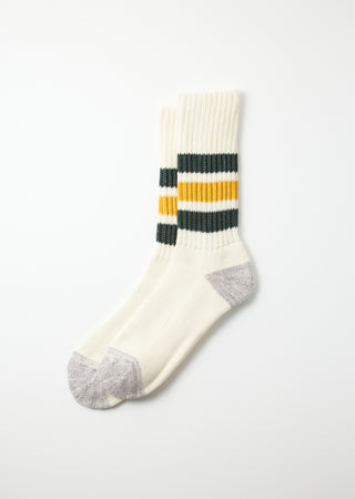 Rototo - R1255 Coarse Ribbed OldSchool Crew Socks - D.Green/Yellow