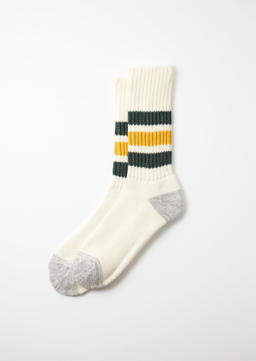 Rototo - R1255 Coarse Ribbed OldSchool Crew Socks - D.Green/Yellow