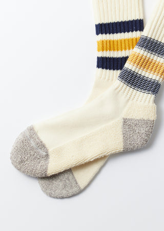 Rototo - R1255 Coarse Ribbed OldSchool Crew Socks - Navy/Yellow