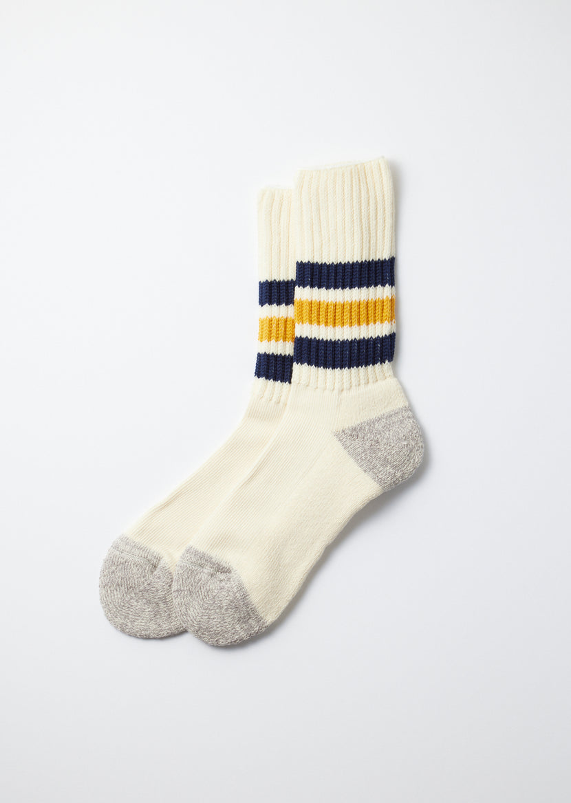 Rototo - R1255 Coarse Ribbed OldSchool Crew Socks - Navy/Yellow