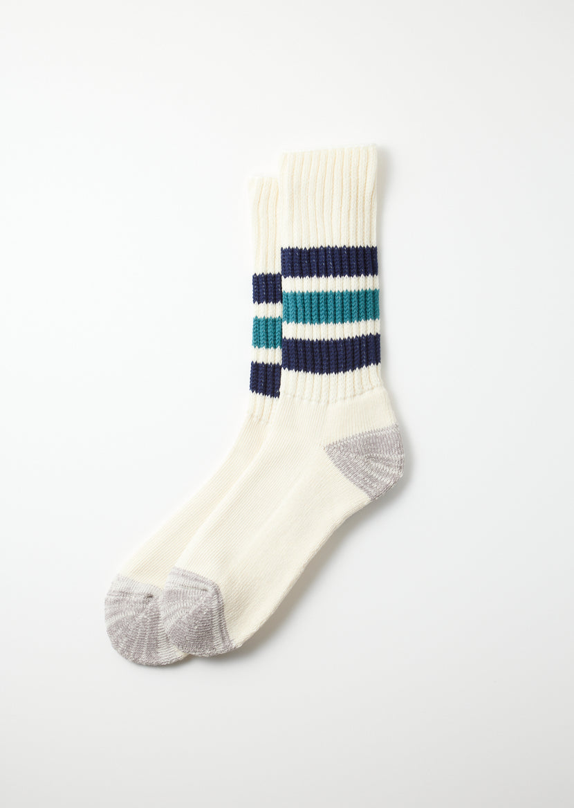 Rototo - R1255 Coarse Ribbed OldSchool Crew Socks - Navy Blue/Nw Green