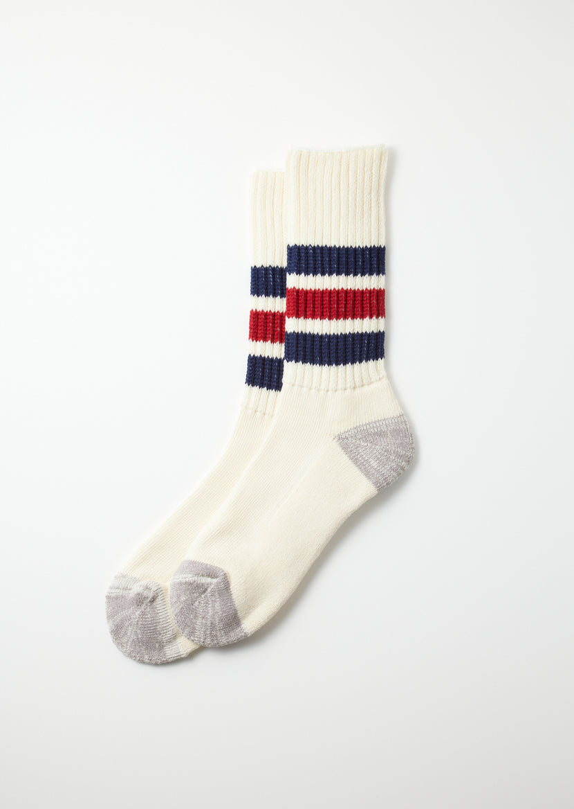 Rototo - R1255 Coarse Ribbed OldSchool Crew Socks - Navy/D.Red
