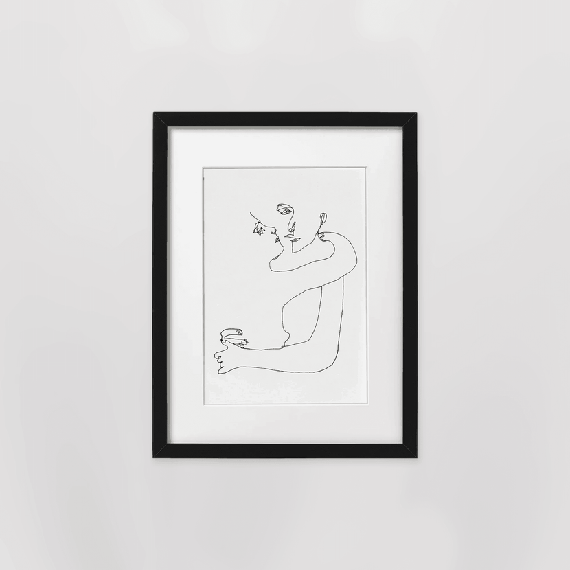 Illustration minimaliste en noir et blanc d'une femme au style linéaire, encadrée, intitulée 'Soft spot - White' par le vendeur Encré.