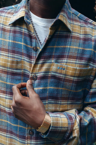 LATER... - Surchemise Casual Flanelle - Tartan Bleu, Jaune et Brun